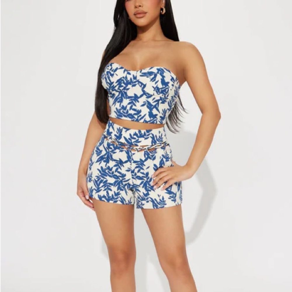 Fashion Nova High Waist Blue and White Patterned Shorts